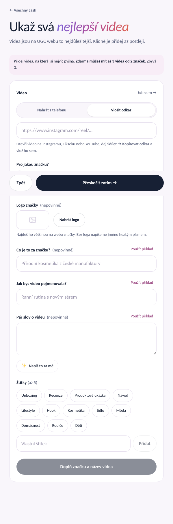 Úprava videa v průvodci s přepínačem Nahrát z telefonu / Vložit odkaz