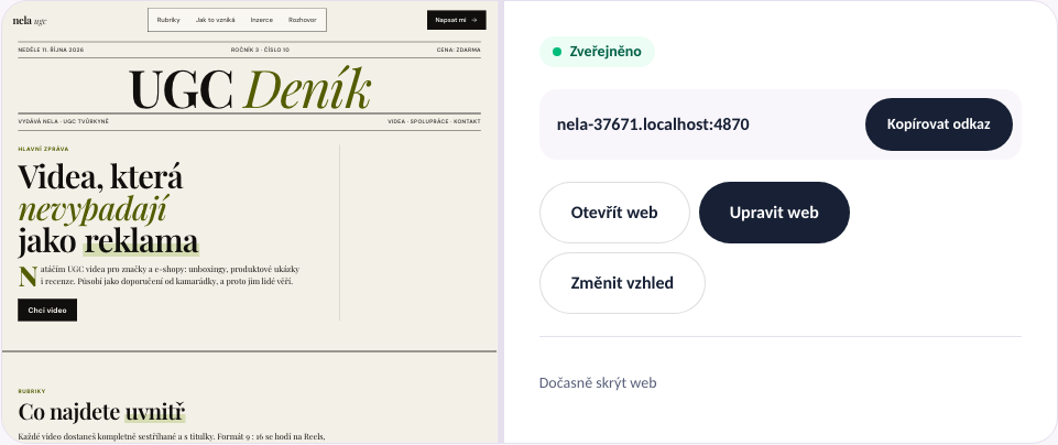 Můj web s adresou webu, tlačítkem Kopírovat odkaz a stavem Zveřejněno